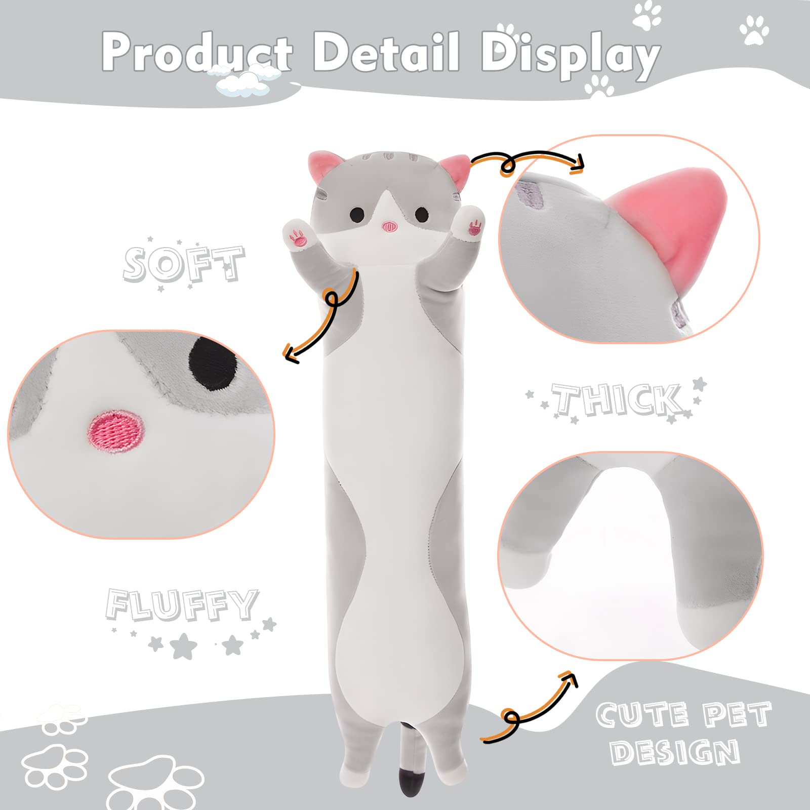 Nxnynz Long Cat Plush Pillow, 19.6In Cute Cat Plushie Stuffed Animals Body Pillow, Grey Kawaii Kitten Soft Plushie Doll Toy Birt
